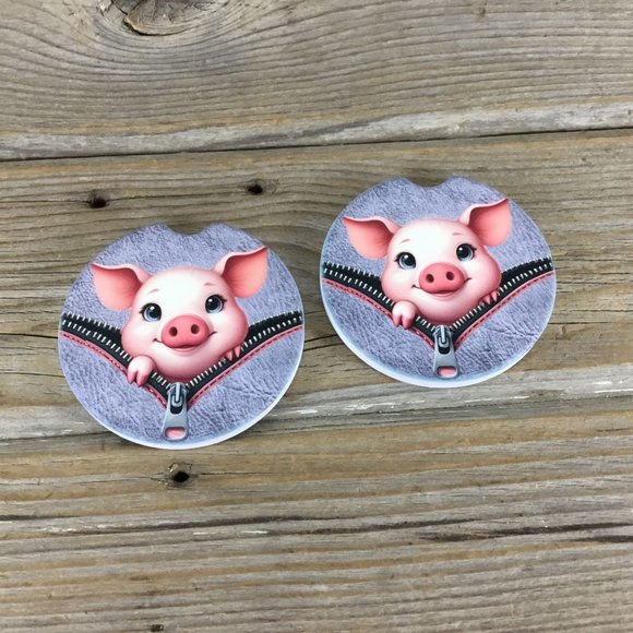 Pig Peek-a-Boo Zipper Car Coasters Set of 2 - Picture 2 of 6